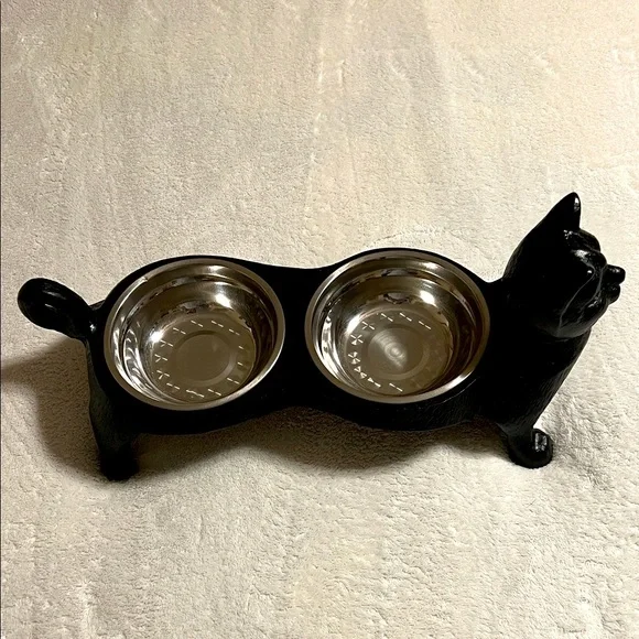 Vintage Cast Iron Black Cat Double Pet Bowl. NWOT - Picture 2 of 9